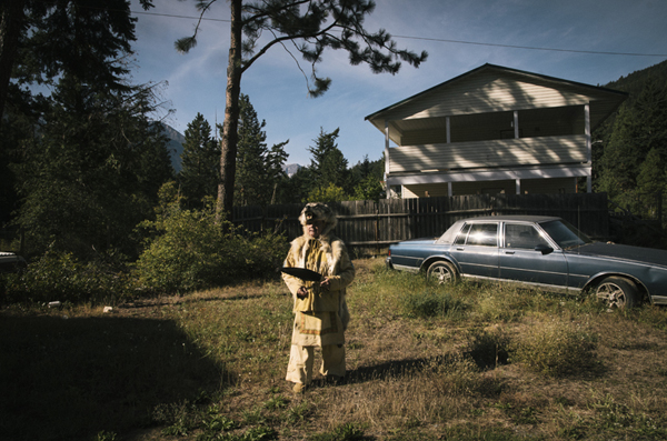 the native Gerald Gabriel in indian N'quatqua traditional costume, Lake Andersen, British Columbia, Canada