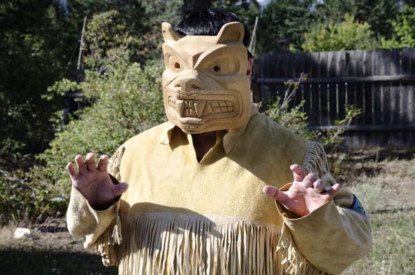 the native Gerald Gabriel in indian N'quatqua traditional costume, Lake Andersen, British Columbia, Canada